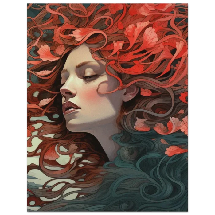 Ethereal Bloom: Art Nouveau Woman with Flowing Coral Hair - Premium Matte Paper Poster - Image 5