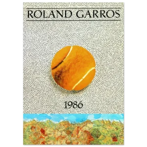Roland Garros 1986 vintage tennis poster featuring a clay court tennis ball collage