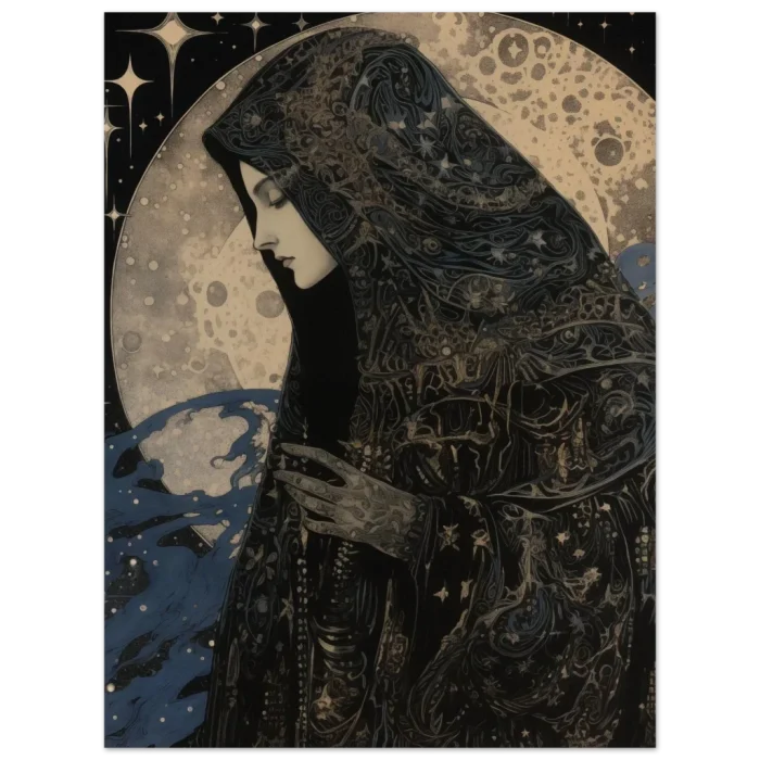 Celestial Sorceress Art Nouveau Poster - Premium Matte Paper Print, featuring cosmic elegance in various sizes - Image 3