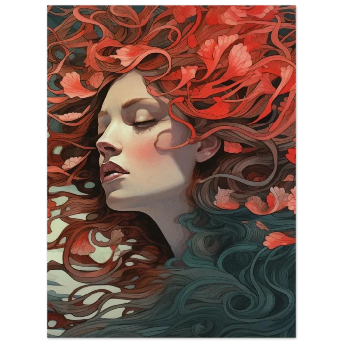 Ethereal Bloom: Art Nouveau Woman with Flowing Coral Hair - Premium Matte Paper Poster - Image 4