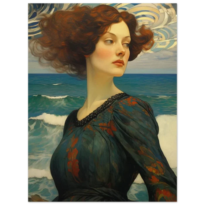 Whispers of the Sea Premium Matte Paper Poster - Romantic Art Nouveau Woman with Fiery Hair - Image 2