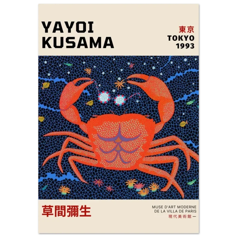 Exhibition poster artwork by Yayoi Kusama depicting a vivid red crab covered in polka dots set against a deep blue net-patterned background. Created for a Tokyo exhibition in 1993, the image reflects Kusama’s iconic use of repetition, bold color, and surreal marine imagery, representing contemporary Japanese avant-garde art.