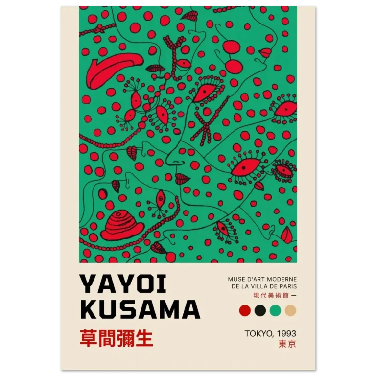 Abstract exhibition poster artwork by Yayoi Kusama featuring red organic forms, eyes, faces, and polka dots scattered across a green background. Created for a Tokyo exhibition in 1993, the image showcases Kusama’s signature motifs of repetition, surreal symbolism, and obsessive patterning, representing iconic contemporary Japanese avant-garde art.