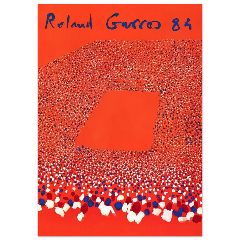 Roland Garros 1984 abstract poster with red clay court texture and handwritten title