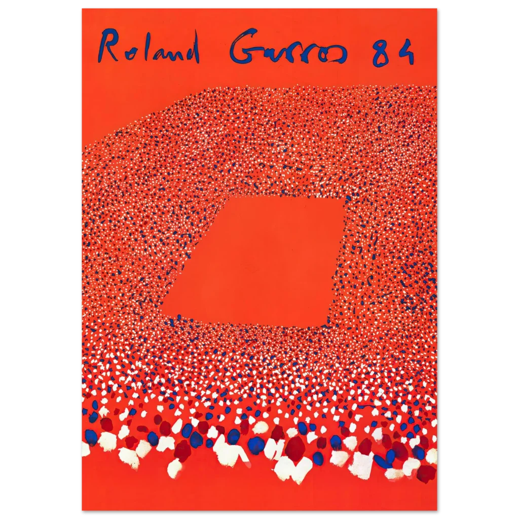 Roland Garros 1984 abstract poster with red clay court texture and handwritten title