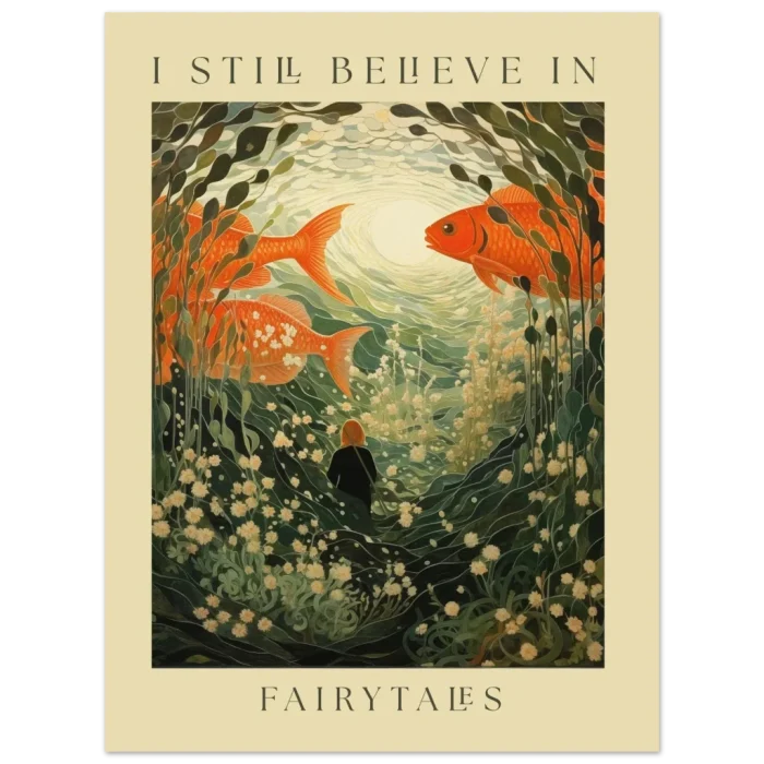 Enchanting Goldfish & Flowing Flora Art Print – 'I Still Believe in Fairytales' Premium Matte Poster - Image 3